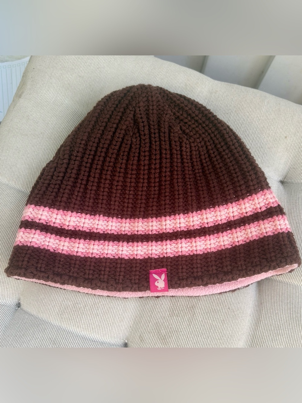 PLAYBOY vintage Brown Knit Beanie with Pink bunny Logo